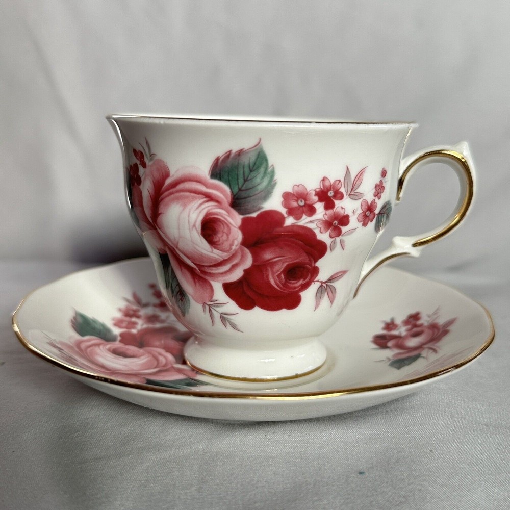 Vintage Queen Anne 8523 Tea Cup and Saucer Bone China Red Pink Roses England